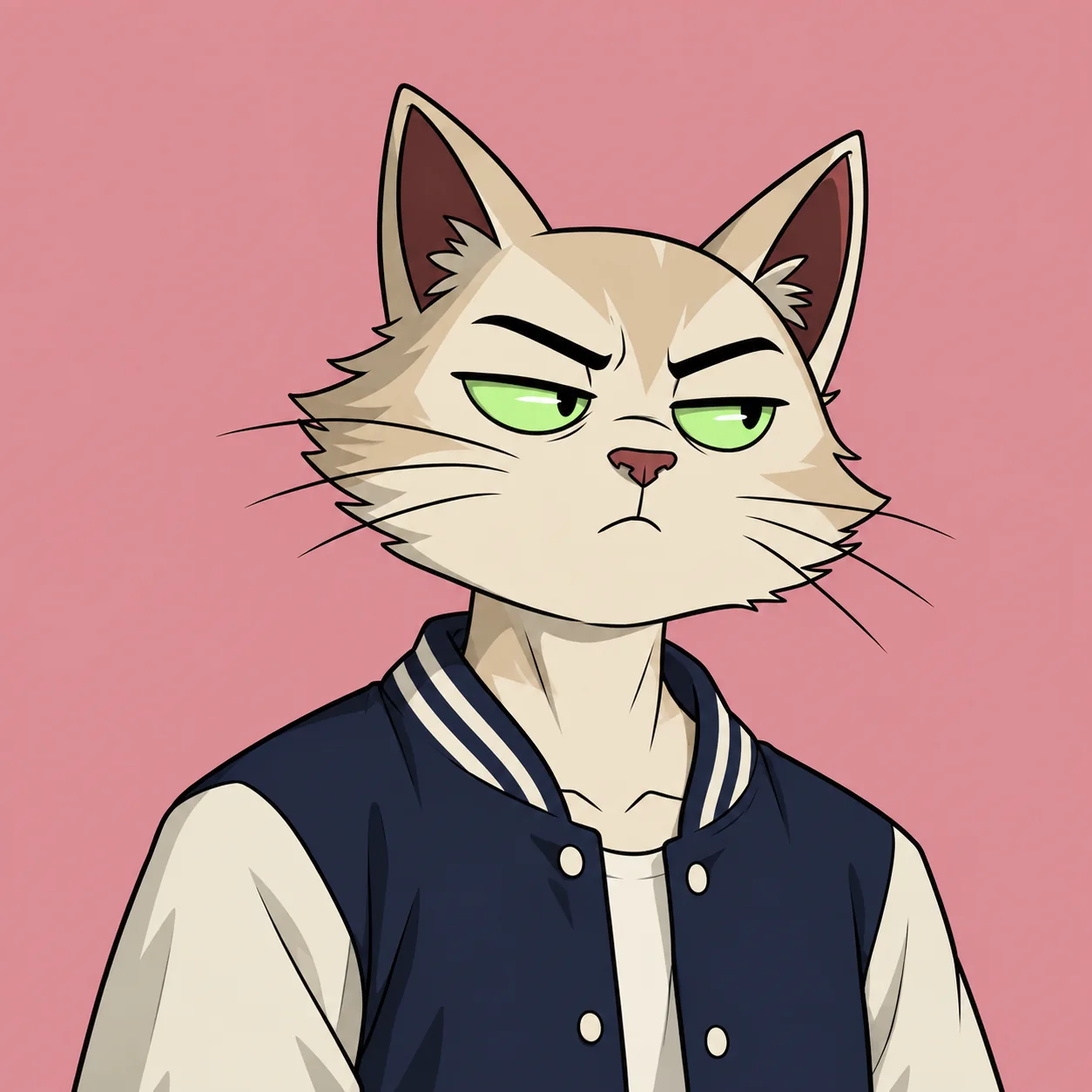 A cream cat in a navy varsity jacket